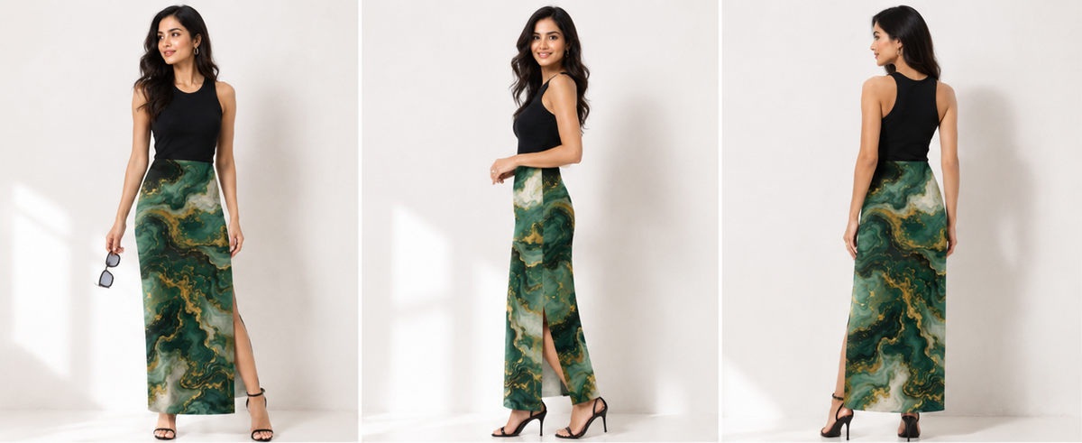 Green & Gold Marble Print Skirt & Crop Top Set - Western Wear - close-up detail view | Qikink