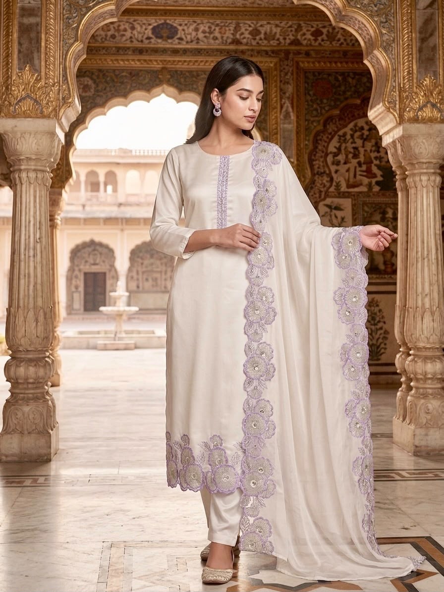 3-Piece Fancy Long Kurti Set – Heavy Roman Glass Silk with Embroidery & Dupatta - close-up detail view | Nardev Fashions