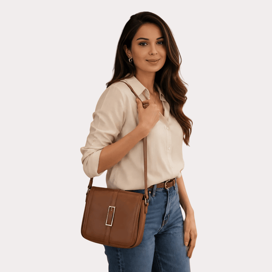 Women's Caramel Brown Designer Sling Bag, Sophisticated Caramel Crossbody Purse - Apparel - front view | Snazzyway