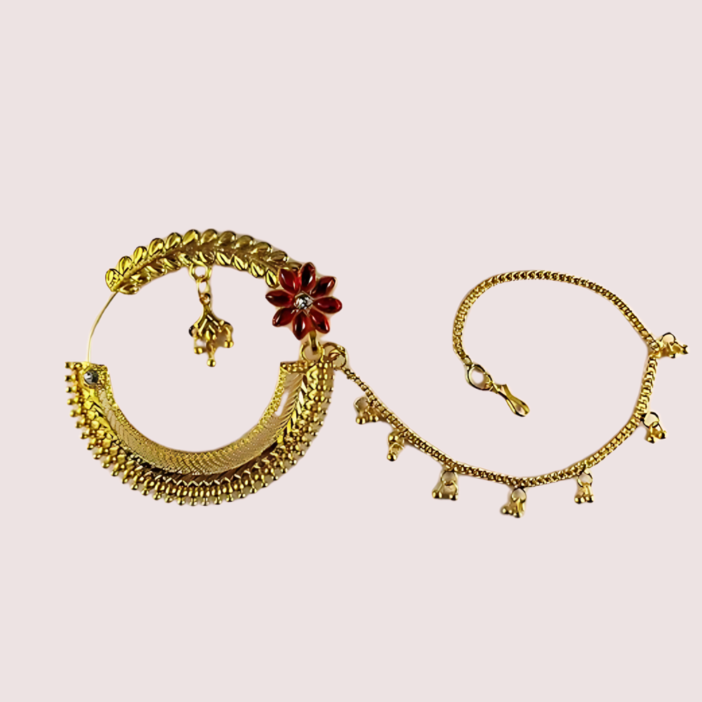 Women's Golden Designer Nose Ring, Chic Golden Bridal Nath - Apparel - close-up detail view | Snazzyway