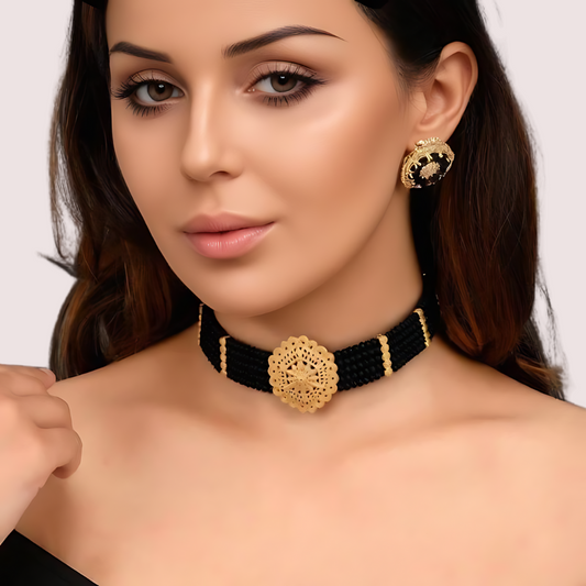 Women's Jet Black Designer Necklace, Radiant Jet Necklace Set - Apparel - front view | Snazzyway