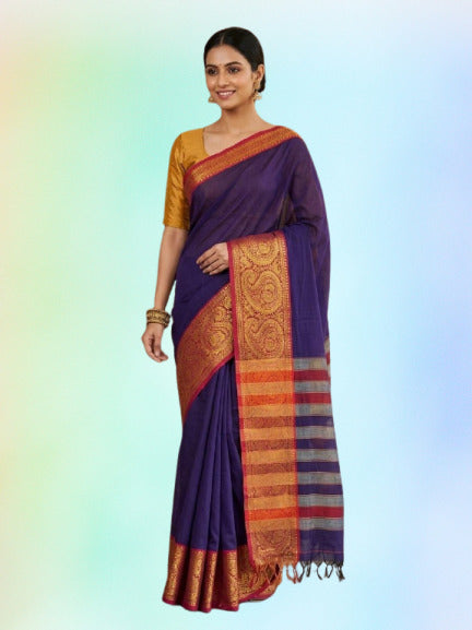 Blue Violet Narayanpet Pure Mercerised Cotton Saree with Rich Gold Zari Woven Ruby Red Border - Indian Ethnic Wear - front view | Chindak Textiles