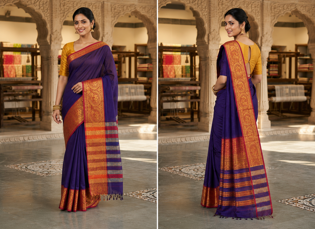 Blue Violet Narayanpet Pure Mercerised Cotton Saree with Rich Gold Zari Woven Ruby Red Border - Indian Ethnic Wear - close-up detail view | Chindak...