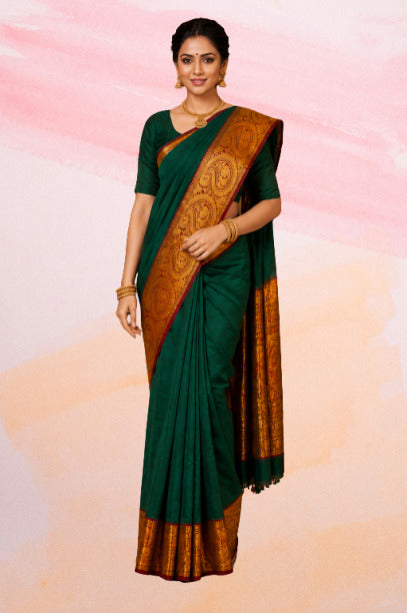 Bottle Green Narayanpet Cotton Saree – Gold Zari Ruby Red Border - Indian Ethnic Wear - front view | Chindak Textiles