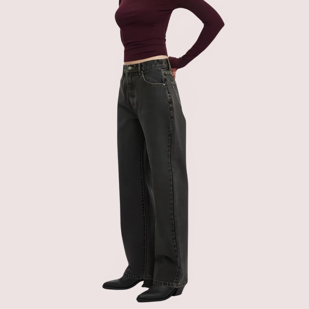 Women's Black Denim Jeans, Exquisite Black Denim Pants - Apparel - close-up detail view | Snazzyway