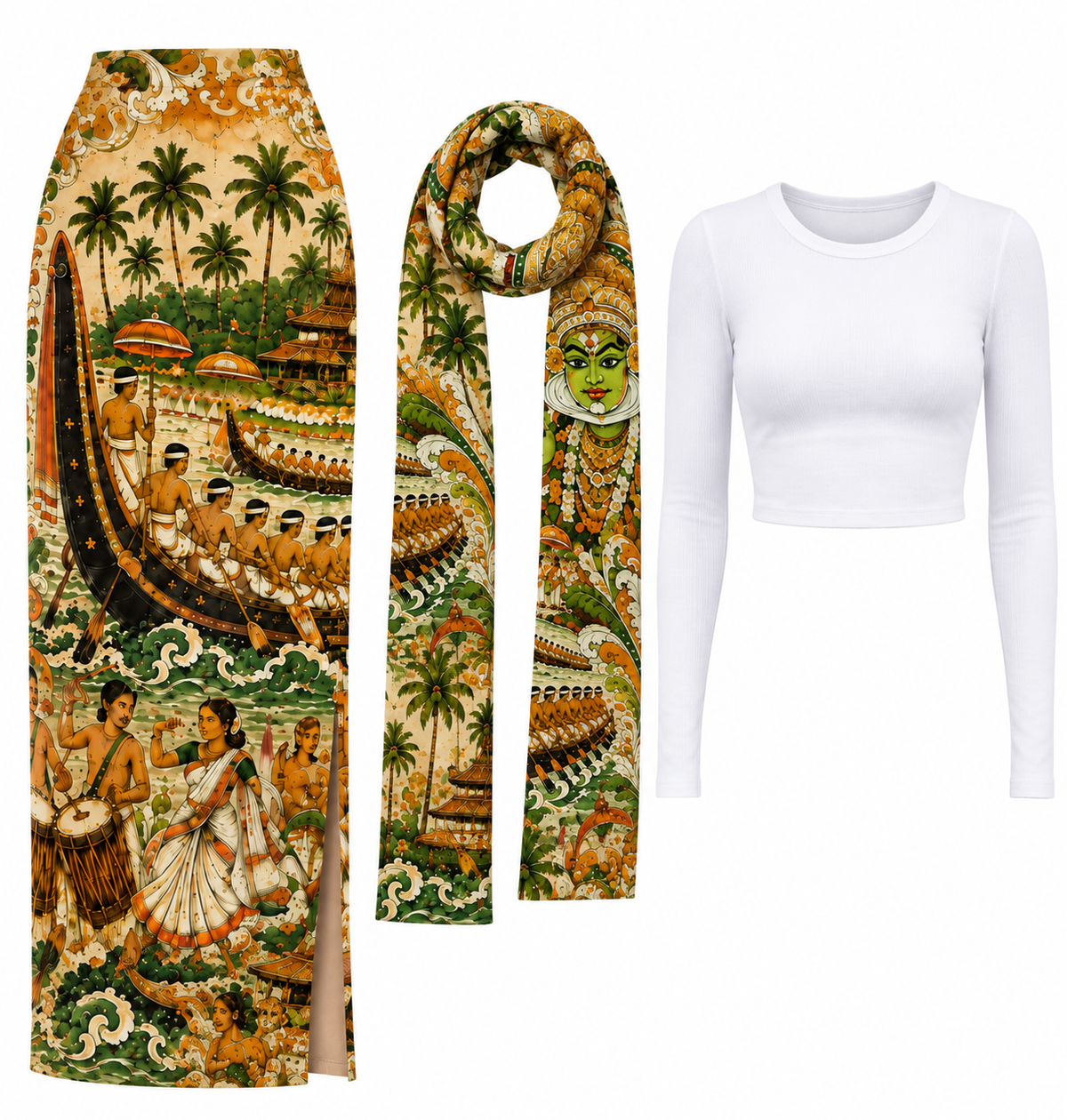 Kerala Onam Mural Art 3-Piece Skirt Set with White Crop Top - Western Wear - close-up detail view | Qikink
