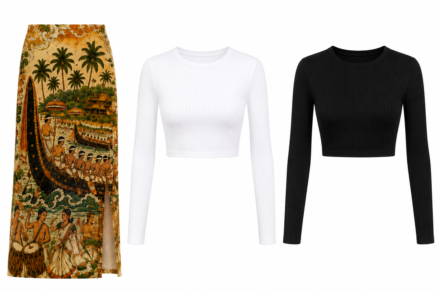 Kerala Boat Race Mural Print 3-Piece Skirt & Crop Top Set - Western Wear - close-up detail view | Qikink
