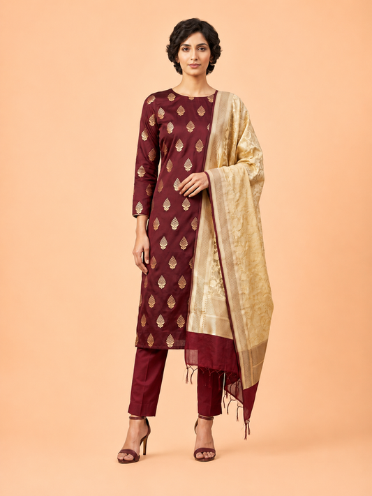 Women’s Maroon Mercerized Cotton Banarasi 3-Piece Unstitched Suit Set- Zari Buta Work Unstitched Salwar Suit with Cotton Dupatta Festive & Party Wear -...