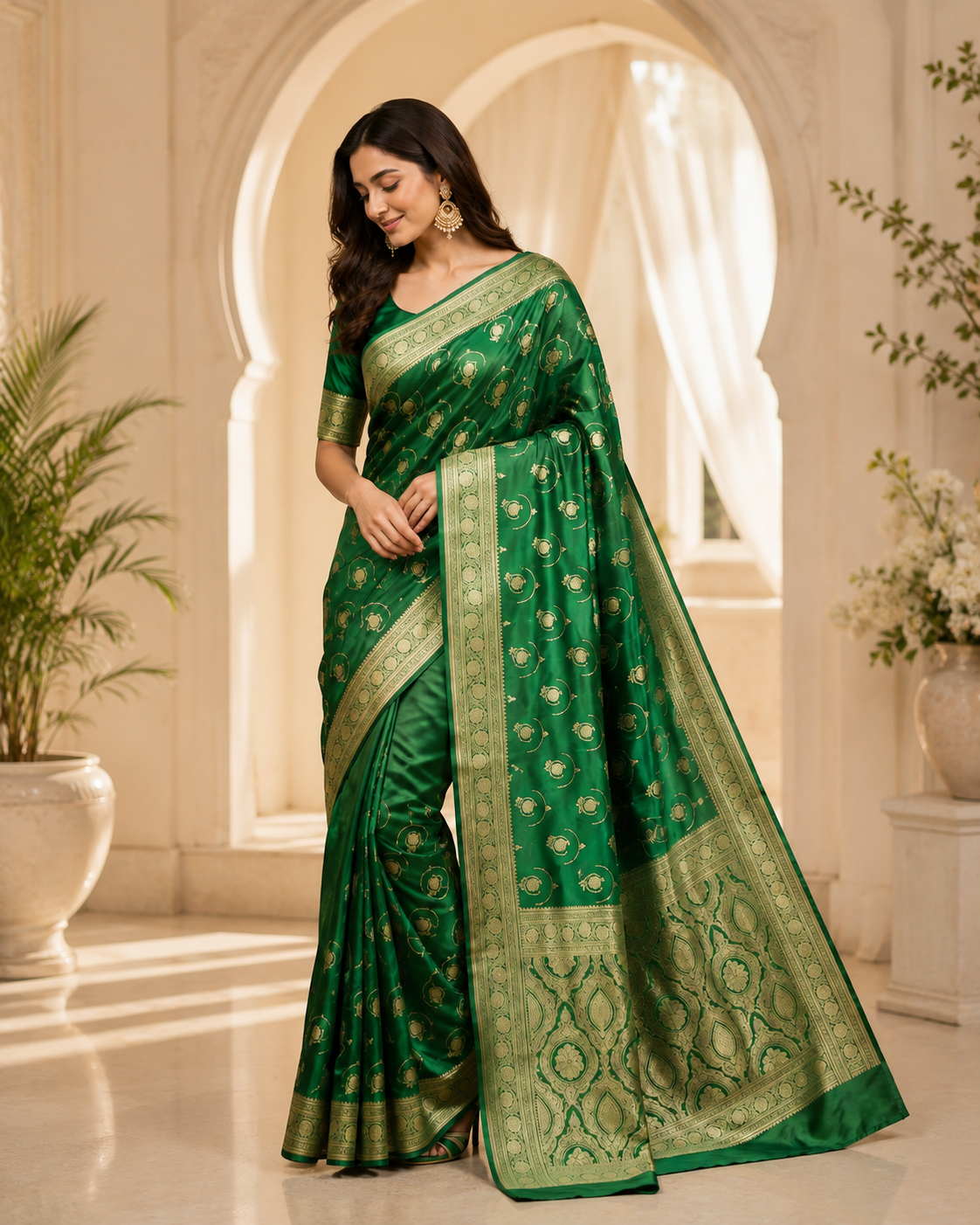 Green Mashru Silk Zari Work Designer Banarasi Saree - front view | Weave365