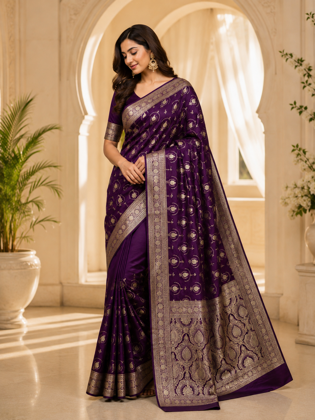 Violet Mashru Silk Zari Work Designer Banarasi Saree - front view | Weave365