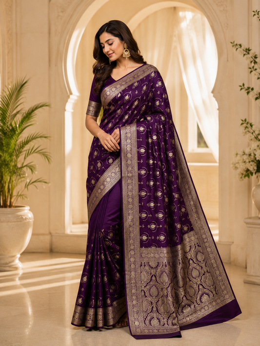 Violet Mashru Silk Zari Work Designer Banarasi Saree - front view | Weave365