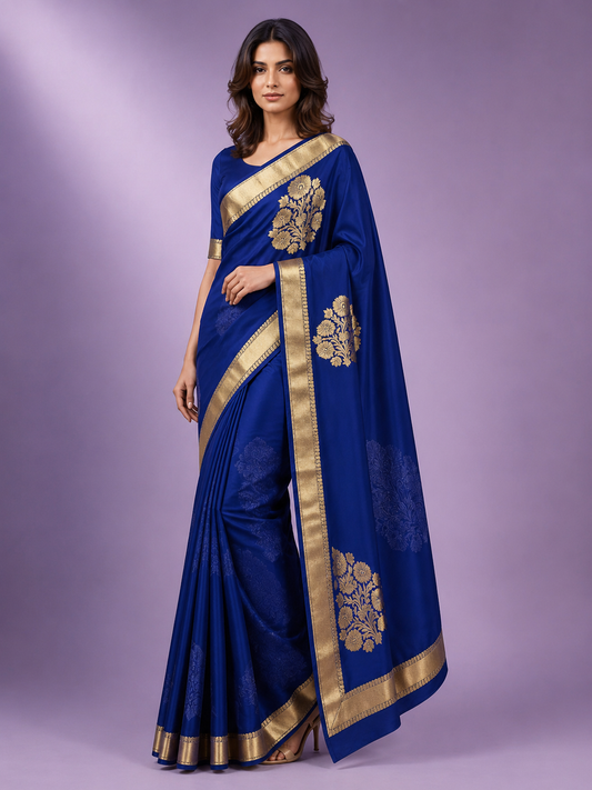 Blue Royal Zari Bordered Kora Organza Saree - Indian Ethnic Wear - front view | Weave365