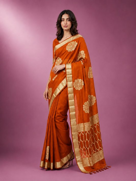 Orange Royal Zari Bordered Kora Organza Saree - Indian Ethnic Wear - front view | Weave365