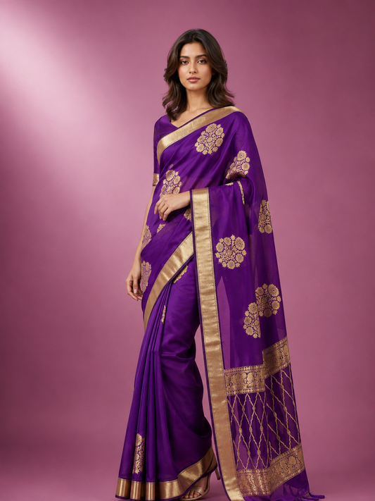 Purple Royal Zari Bordered Kora Organza Saree - Indian Ethnic Wear - front view | Weave365