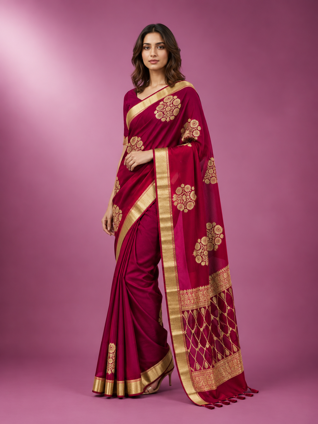Magenta Royal Zari Bordered Kora Organza Saree - Indian Ethnic Wear - front view | Weave365