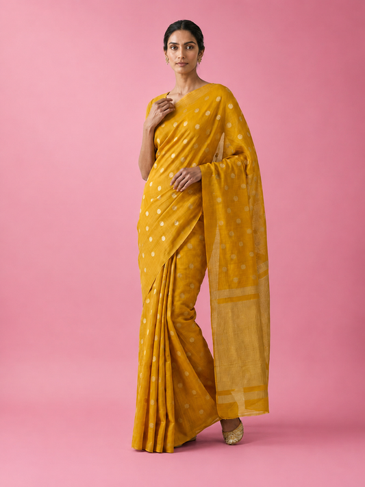 Yellow Dollar Buti Soft Silk Everyday Saree - front view | Weave365