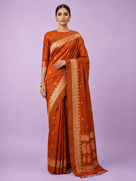 Orange Regal Zari Woven Soft Silk Saree - front view | Weave365