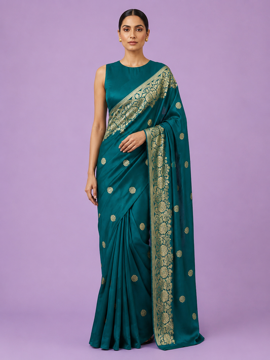 Bottle Green Regal Zari Woven Soft Silk Saree - front view | Weave365