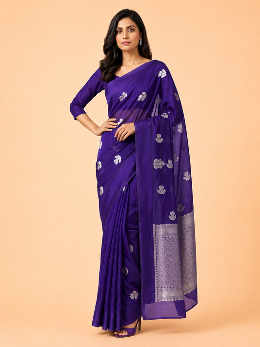 Blue Kora Organza Zari Buta Handloom Saree - Indian Ethnic Wear - front view | Weave365