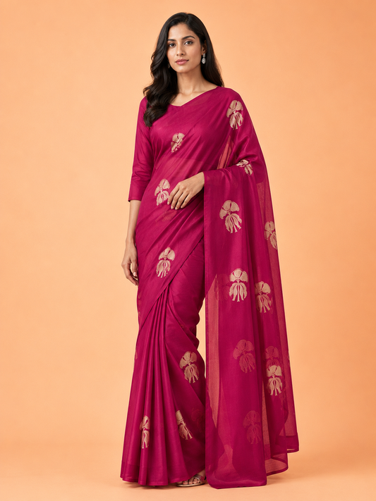Magenta Kora Organza Zari Buta Handloom Saree - Indian Ethnic Wear - front view | Weave365