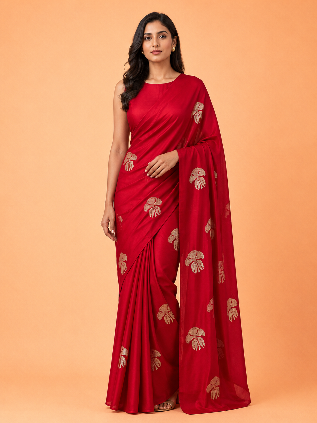 Red Kora Organza Zari Buta Handloom Saree - Indian Ethnic Wear - front view | Weave365