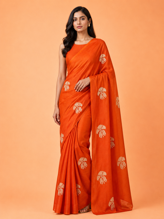 Orange Kora Organza Zari Buta Handloom Saree - Indian Ethnic Wear - front view | Weave365