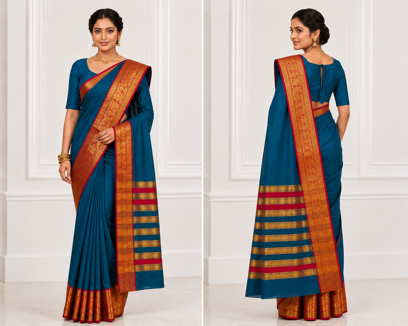 Peacock Blue Narayanpet Pure Mercerised Cotton Saree with Rich Gold Zari Woven Ruby Red Border - Indian Ethnic Wear - close-up detail view | Chindak...