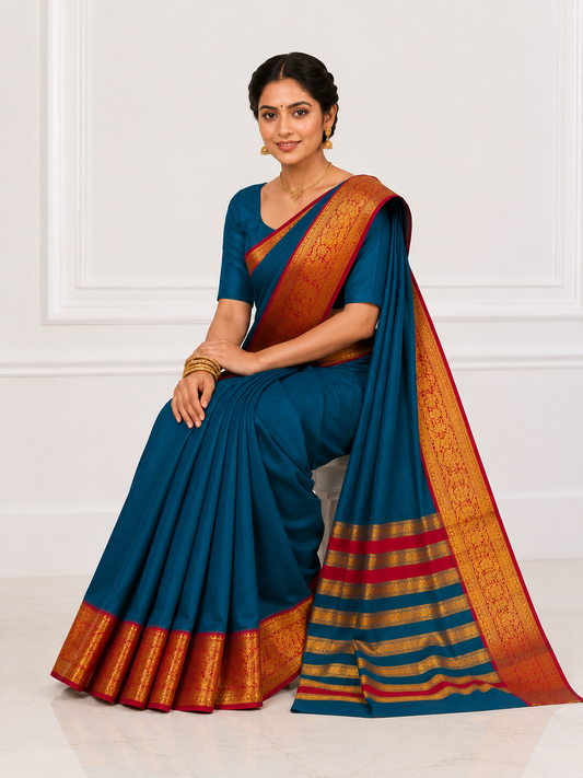 Peacock Blue Narayanpet Pure Mercerised Cotton Saree with Rich Gold Zari Woven Ruby Red Border - Indian Ethnic Wear - front view | Chindak Textiles