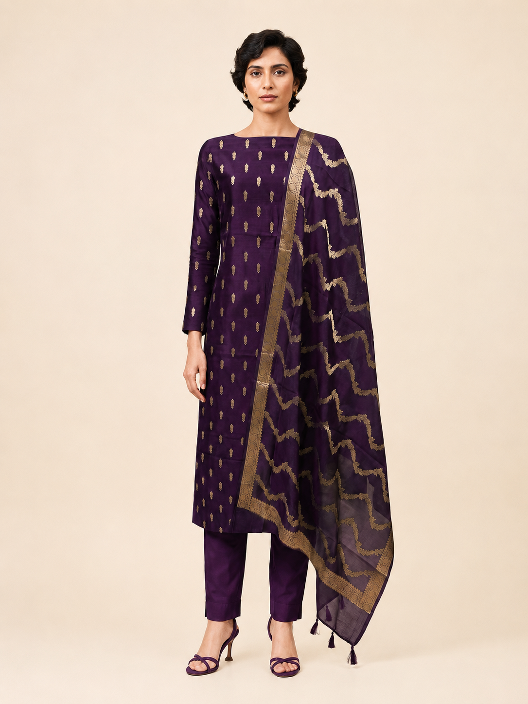 Women’s Violet Katan Silk Banarasi 3-Piece Unstitched Suit Set- Zari Buti Work Unstitched Salwar Suit with Katan Silk Dupatta Festive & Party Wear -...