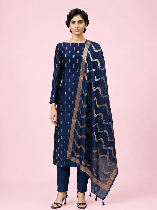 Women’s Navy Blue Katan Silk Banarasi 3-Piece Unstitched Suit Set- Zari Buti Work Unstitched Salwar Suit with Katan Silk Dupatta Festive & Party Wear -...