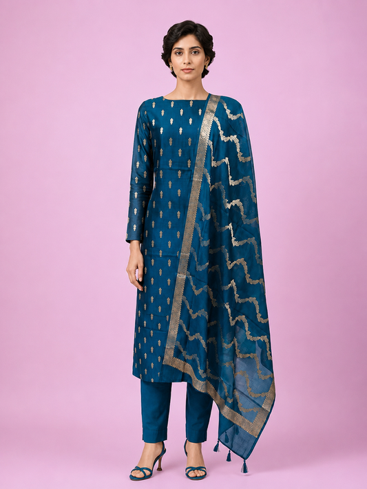 Women’s Teal Katan Silk Banarasi 3-Piece Unstitched Suit Set- Zari Buti Work Unstitched Salwar Suit with Katan Silk Dupatta Festive & Party Wear -...
