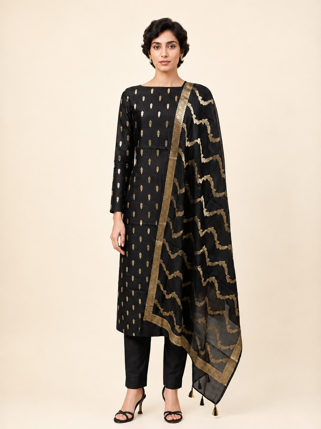 Women’s Black Katan Silk Banarasi 3-Piece Unstitched Suit Set- Zari Buti Work Unstitched Salwar Suit with Katan Silk Dupatta Festive & Party Wear -...
