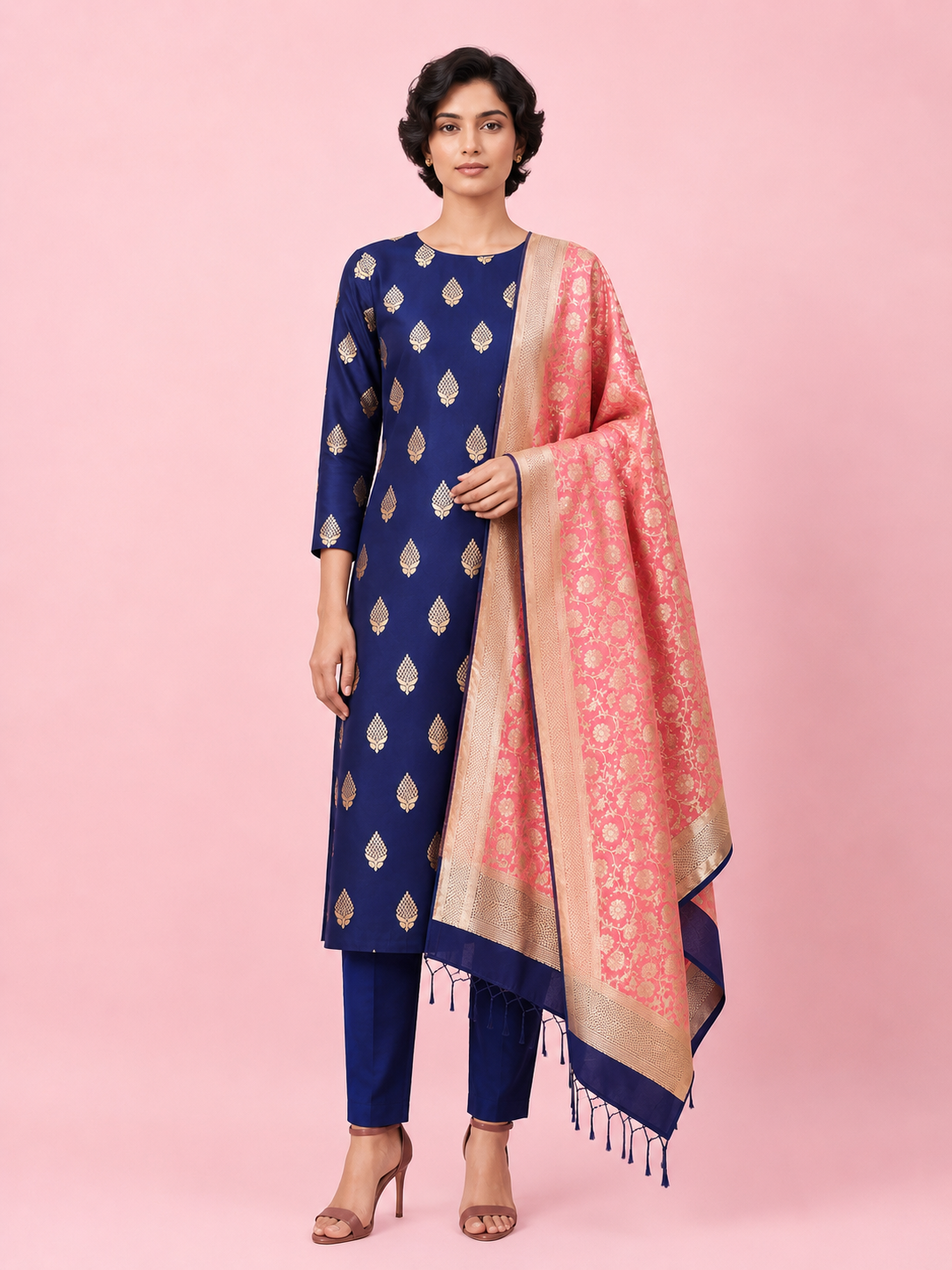 Women’s Navy Blue Mercerized Cotton Banarasi 3-Piece Unstitched Suit Set- Zari Buta Work Unstitched Salwar Suit with Cotton Dupatta Festive & Party...