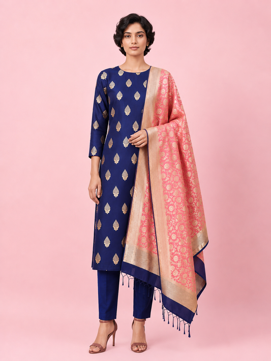 Women’s Navy Blue Mercerized Cotton Banarasi 3-Piece Unstitched Suit Set- Zari Buta Work Unstitched Salwar Suit with Cotton Dupatta Festive & Party...