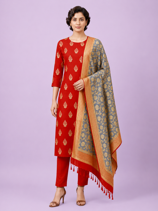 Women’s Red Mercerized Cotton Banarasi 3-Piece Unstitched Suit Set- Zari Buta Work Unstitched Salwar Suit with Cotton Dupatta Festive & Party Wear -...