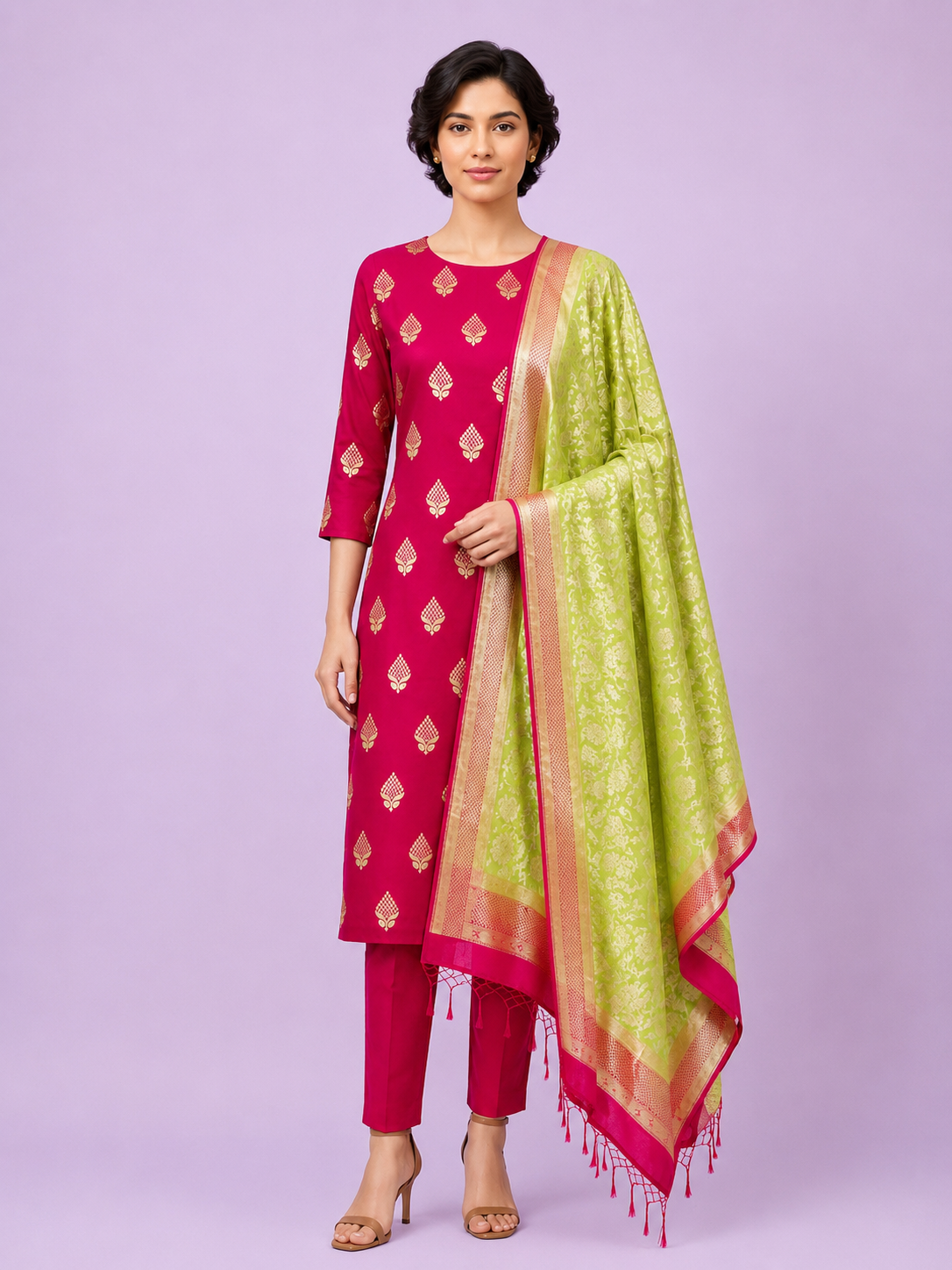 Women’s Rani Pink Mercerized Cotton Banarasi 3-Piece Unstitched Suit Set- Zari Buta Work Unstitched Salwar Suit with Cotton Dupatta Festive & Party...