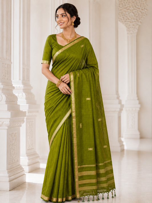 Olive Green - Saree - front view | Chindak Textiles