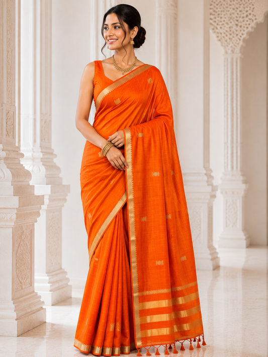Bright Orange - Saree - front view | Chindak Textiles