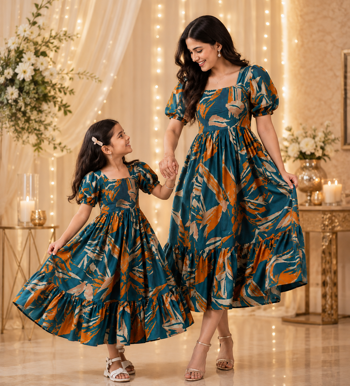 Teal Blue and Orange Matching Mother & Daughter Printed Crepe Dress Set - Matching Mother & Daughter Dress Set - front view | Sangeetha Boutique