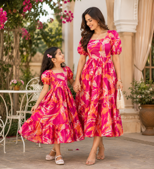 Rani Pink Matching Mother & Daughter Printed Crepe Dress Set - Matching Mother & Daughter Dress Set - front view | Sangeetha Boutique