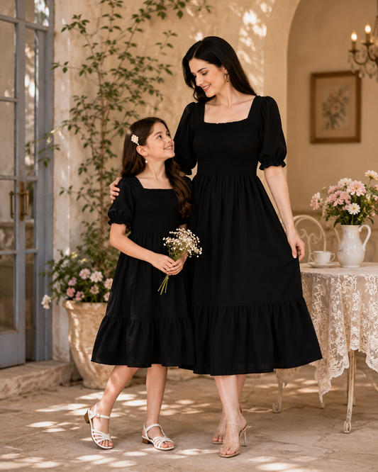 Black Matching Mother & Daughter Printed Crepe Dress Set - Matching Mother & Daughter Dress Set - front view | Sangeetha Boutique