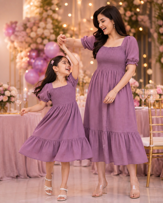 Lavender Matching Mother & Daughter Printed Crepe Dress Set - Matching Mother & Daughter Dress Set - front view | Sangeetha Boutique