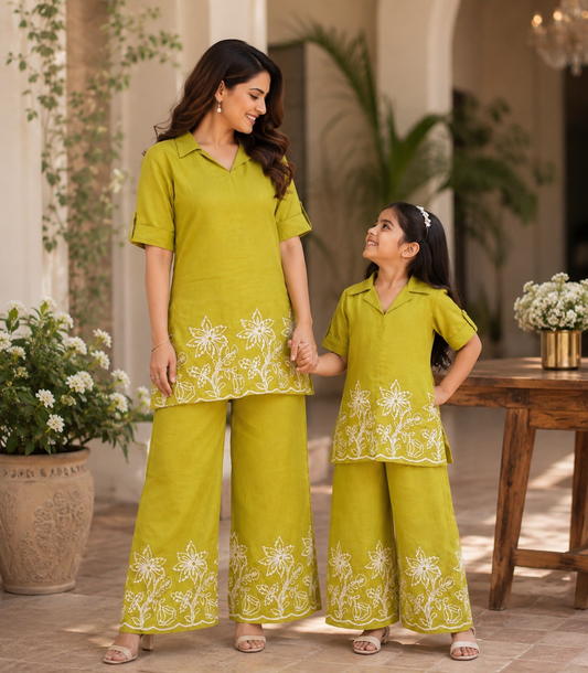 Olive Green Mother & Daughter Matching Embroidered Cotton Blend - Matching Mother & Daughter Co-Ord Set - front view | Sangeetha Boutique