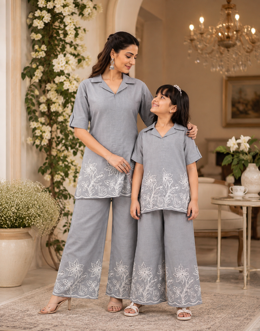 Grey Mother & Daughter Matching Embroidered Cotton Blend - Matching Mother & Daughter Co-Ord Set - front view | Sangeetha Boutique