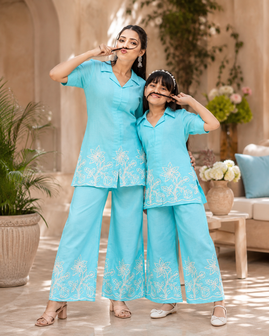 Sky Blue Mother & Daughter Matching Embroidered Cotton Blend - Matching Mother & Daughter Co-Ord Set - front view | Sangeetha Boutique