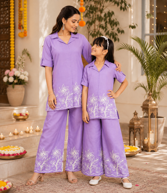 Purple Mother & Daughter Matching Embroidered Cotton Blend - Matching Mother & Daughter Co-Ord Set - front view | Sangeetha Boutique