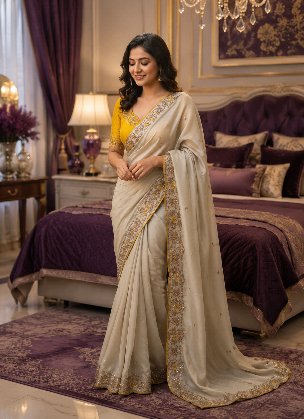 Cream Heavy Rangoli Silk Saree – Fancy Embroidery, Thread & Zari C-Pallu with Contrast Blouse - front view | Nardev Fashions