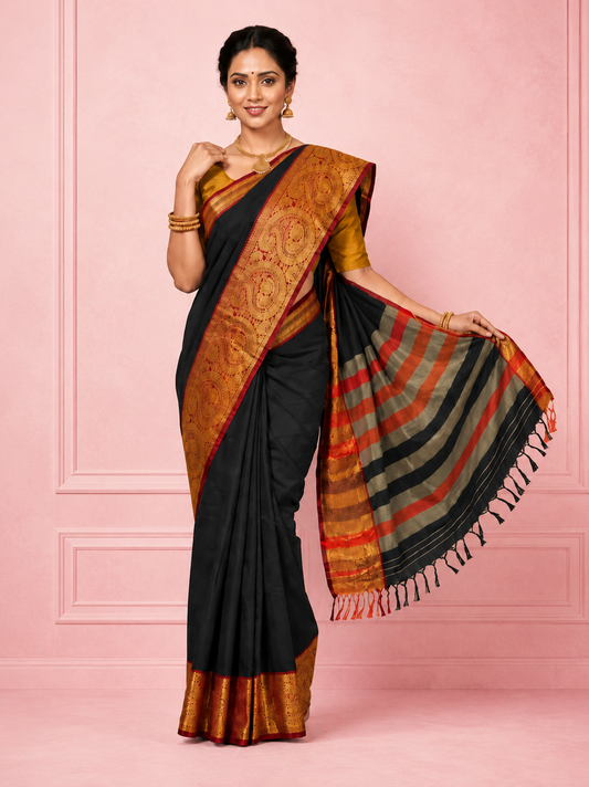 Deep Black Narayanpet Pure Mercerised Cotton Saree with Rich Gold Zari Woven Ruby Red Border - Indian Ethnic Wear - front view | Chindak Textiles