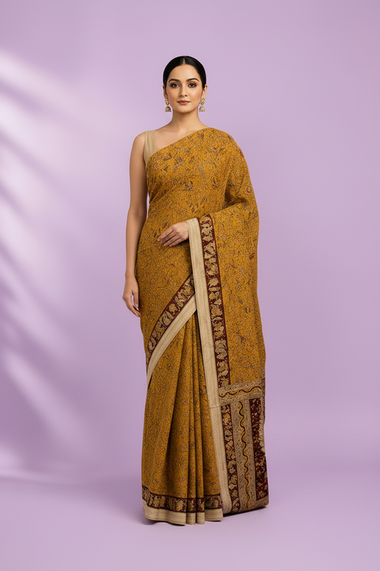 Kalamkari Handcrafted Saree - Yellow - Indian Ethnic Wear - front view | Villows DTrendz