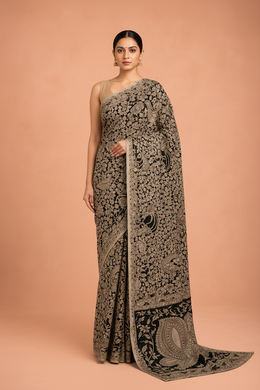 Kalamkari Handcrafted Saree - Grey - Indian Ethnic Wear - front view | Villows DTrendz